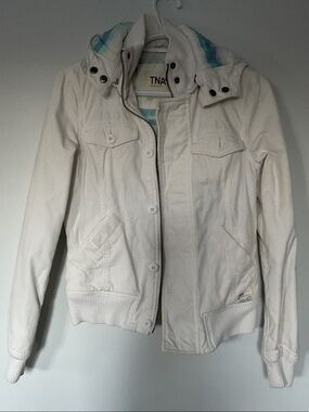 TNA White Maverick Hooded Bomber Jacket with Subtle Blue Trim